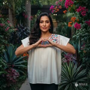 Mexican Embroidered Blouse Handmade Otomi Floral & Animal Design Large 23 x 28in